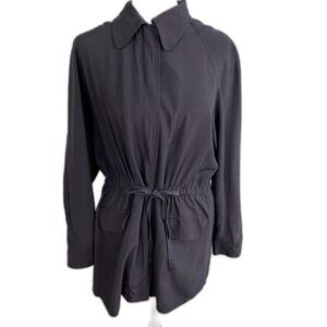 Clio Silk Top Womens Petite Large Black Full Zip Waist Tie Lightweight Classic